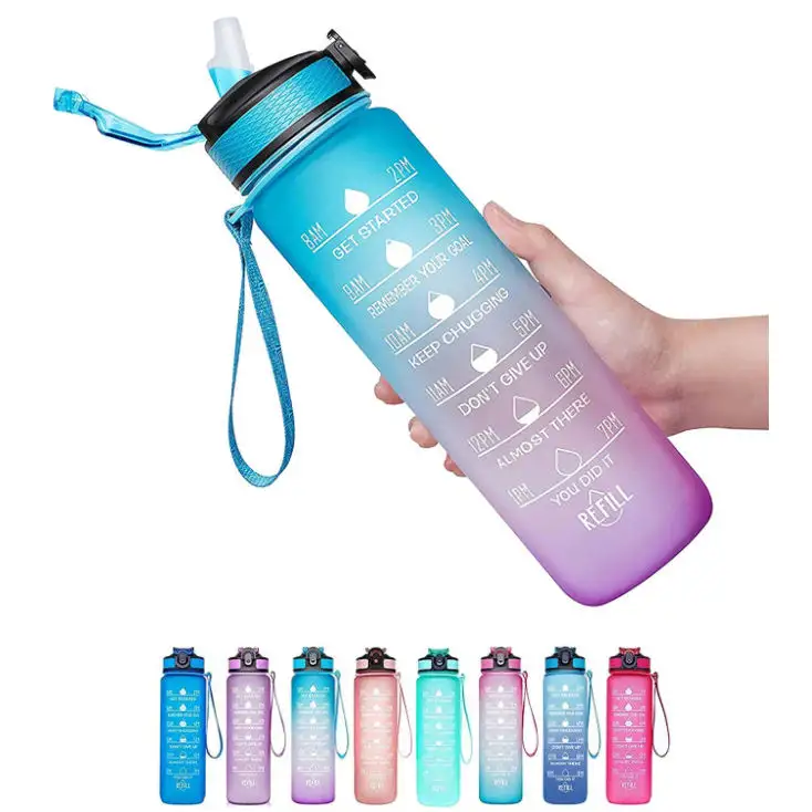 1000ML BPA Free Leak Proof Tritan Fitness Gym Sports Motivational Plastic Water Bottle With Times Marker To Drink