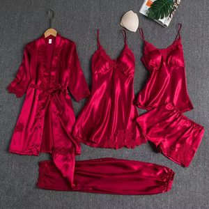 Conjunto de Pijamas de Encaje para Mujer, con Estampado, Spandex, 5 Piezas, Holgado, Cómodo, Transpirable, para Verano, Otoño y Primavera - Product Image 1