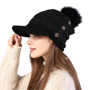 Bonnet d'hiver tricoté pour femme avec visière et pompon, couleur unie, style décontracté pour adultes - Product Image 1
