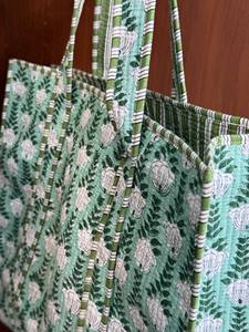 Quilted Cotton <b>Boho</b> Gingham Green Stripe Handprinted Reversible Large Tote <b>Bag</b> Eco-Friendly Sustainable Grocery Fashion - Product Image 3