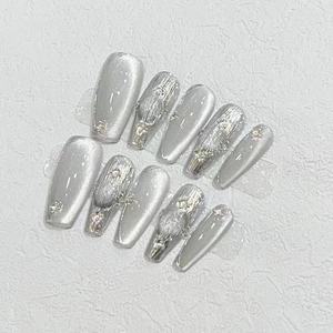 100% hecho a mano plata reutilizable a presión uñas almendra ataúd Nail Art dibujado a mano ojo de gato Gel Metal flores ABS falso Artificial - Product Image 2