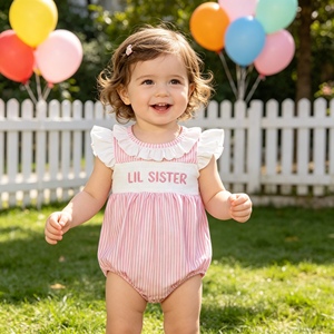 SR3593 rts Conjunto de mono sin mangas con estampado de rayas rosas para bebés niñas, modelo LIL Sister, ideal para el verano. - Product Image 1