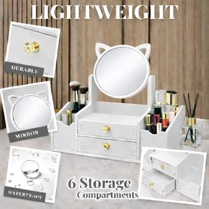 Multifunctional Wood Luxury White Round Mirror Nordic Cosmetic <b>Storage</b> <b>Box</b> <b>Makeup</b> Organizer with Mirror - Product Image 4