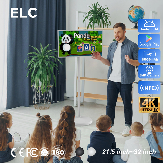 Interactive 32" Portable Smart Screen 4K UHD Android 14 Mobile Touch Monitor with Wheels for Education Classroom & Kindergarten