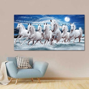 Blue Sky 7 Running cavalli bianchi <span class=keywords><strong>su</strong></span> Sea Wave Picture Print cornice allungata Wild Animal Canvas Wall Art Moon Scenery Home Decor - Product Image 4