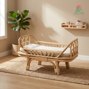 Lit de poupée en rotin naturel fait main, conçu pour les chambres d'enfants, adapté aux enfants de 5 à 7 ans. - Product Image 3