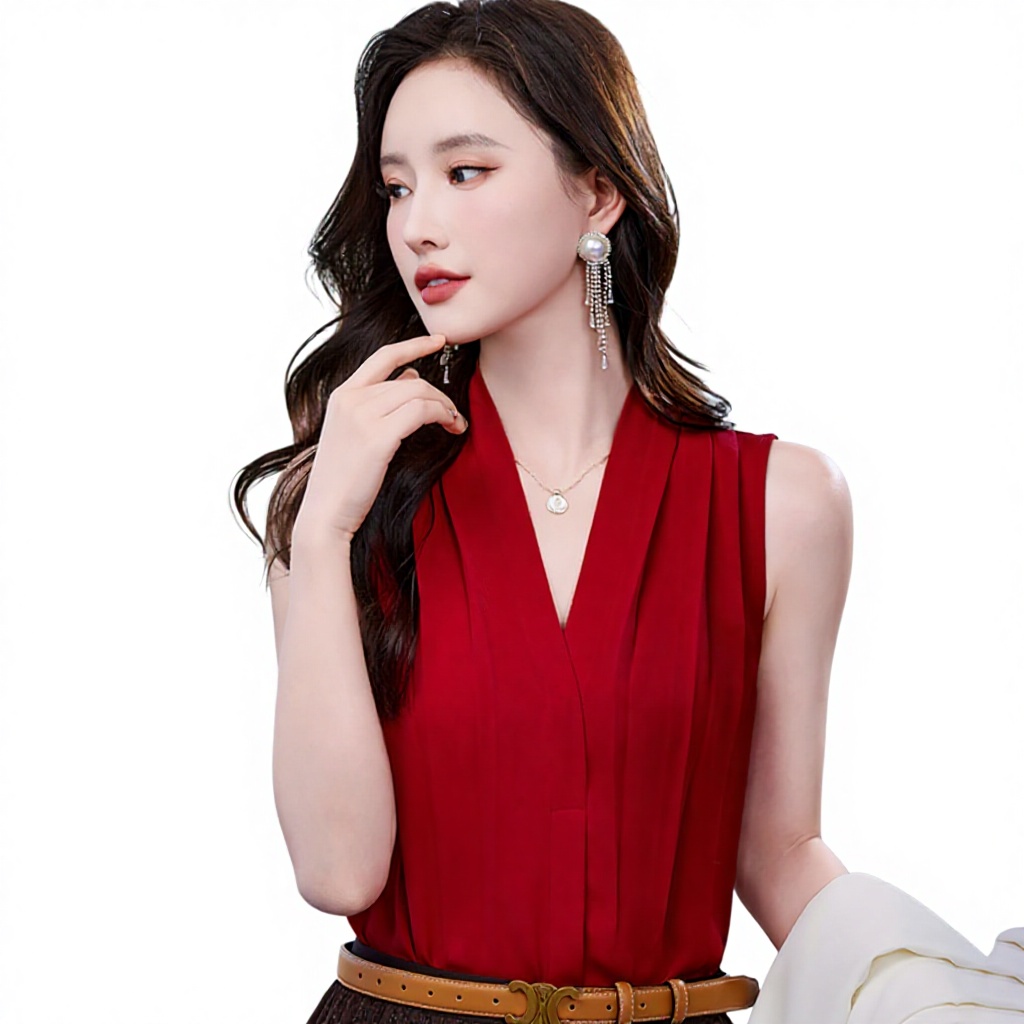 Mixed Polyester Satin V-neck Tank Top Women Slim Fit Elegant Suitable Layering 2026 Spring/summer New Sleeveless Shirt