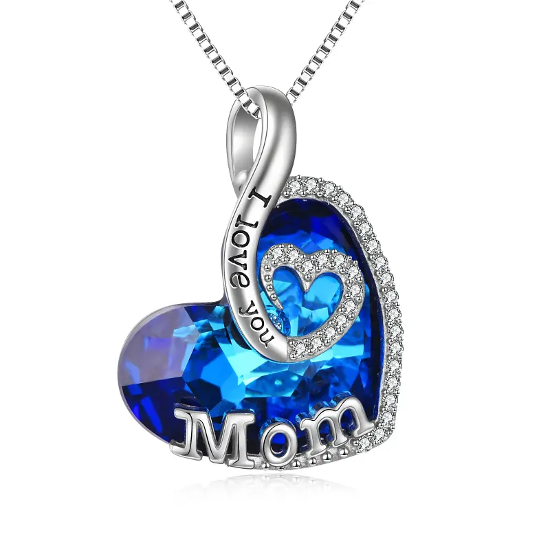 キュービックジルコン刻印ネックレスカスタム925スターリングシルバーILove You Mom Heart Crystal Pendant Necklace