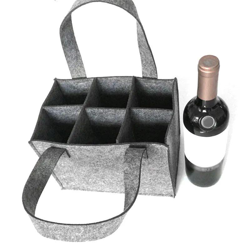 어두운 회색 재사용 가능한 와인 병 캐리어 6 병 펠트 와인 병 토트 백