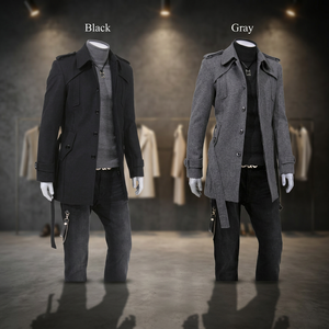 เสื้อโค้ทเทรนช์สีดำเทา ดีไซน์ทันสมัยสำหรับผู้ชาย ผลิตจากผ้าขนสัตว์ผสมขนจิ้งจอกแท้ เป็นมิตรต่อสิ่งแวดล้อม คุณภาพสูง น้ำหนัก 320 กรัม แบบกระดุมแถวเดียว - Product Image 3