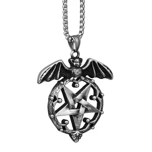 Gothic Edelstahl Herren Wicca Satanic Anhänger Halskette Fledermaus Pentagramm in dekorativen Kreis Modeschmuck