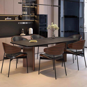 Set Tavolo da Pranzo Personalizzabile in Pietra Sinterizzata di Noce <span class=keywords><strong>Nero</strong></span> Vintage, Stile Wabi Sabi, Rettangolare per Piccoli Appartamenti - Product Image 1