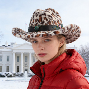 Sombrero Vaquero con Estampado de Leopardo ZhenXi, Talla M56-58cm, Felpa Cálida, Otoño Invierno, Elegante, para el Día a Día - Product Image 4