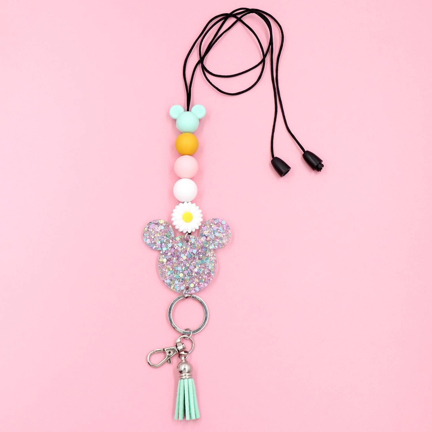 Personalized Beaded Teacher Lanyard for Keys or ID Badge with Glitter Acrylic Crayon Apple Mouse Head Design-Cute Teacher Gift