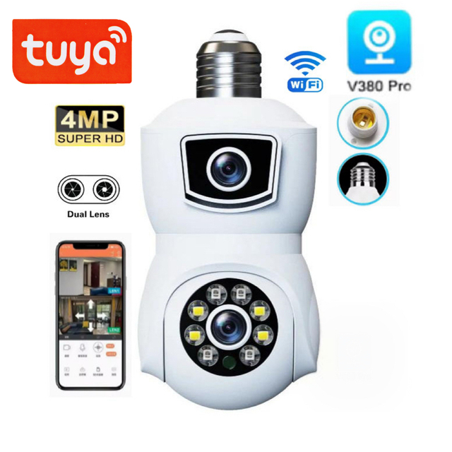 Tuya V380 Pro PTZ 4MP WIFI CCTV Camera Security Indoor Camera Light-Bulb Dual-Lens Full-Color Night Vision