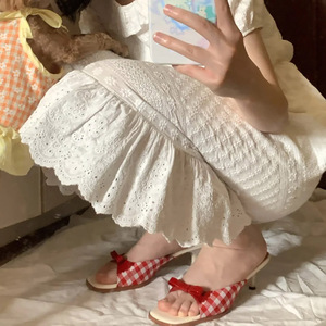 Women's Fashionable Trend Square Toe High Heel Sandals Summer Outdoor French Plaid Open Toe One-Strap Design Bow Mesh PU Slip-On - Product Image 4