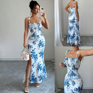 Robe personnalisable élégante à bretelles, style porcelaine bleue et blanche, col halter, robe de soirée club, mini-robe polyvalente - Product Image 2