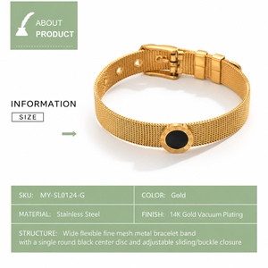 Brazalete de Acero Inoxidable con Malla Ancha y Disco Central Redondo Negro, Chapado al Vacío en Oro de 14K - Product Image 3
