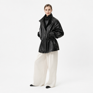 <span class=keywords><strong>Abrigo</strong></span> de piel de cordero encerada ligera Obsidian Black para mujer, estilo trench medio, con doble cuello, cintura fruncida, cremallera, cortavientos, teñido liso, para invierno, casual - Product Image 3