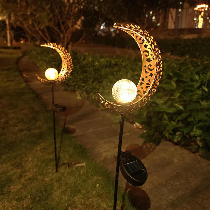 Outdoor Waterproof Solar Metal Iron Moon Light Ramadan Festival Decoration Glass Globe Stake Lamps Garden Park Street Landscape
