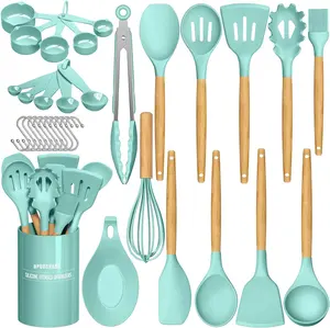 Grosir Set peralatan dapur silikon pegangan kayu, 12 buah dengan ember penyimpanan spatula anti lengket