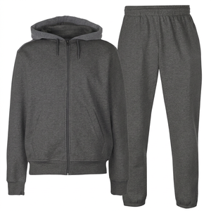 Unisex Gray Hooded Tracksuit Full <b>Zip</b> <b>Sweatshirt</b> and Pants Set Solid Color Casual Autumn Wear 100% Cotton Breathable Regular Fit - Product Image 3