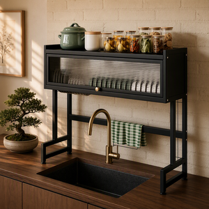 Égouttoir à vaisselle multifonctionnel pour évier avec armoire de rangement, crochets à couverts et support pour planche à découper - Product Image 3
