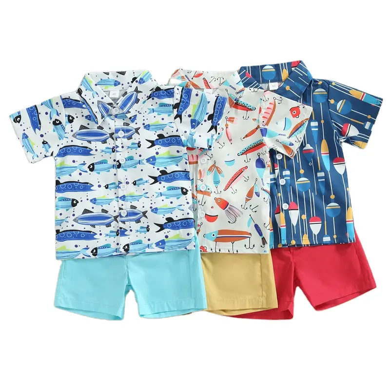 Nouveau style décontracté tout-petits garçons été dessin animé imprimé chemise à manches courtes avec short solide 2 pièces vêtements