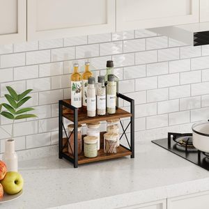 Iron Wood Double Layer Storage <b>Rack</b> For <b>Kitchen</b> Countertop Food Condiment Organization 2 Tier Shelf - Product Image 4