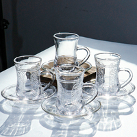 Ensemble de tasses à café et soucoupes en verre créatif de luxe avec soucoupes, ensemble de tasses à café en verre turc arabe vintage avec poignée