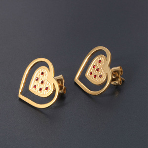 Heart Shape <b>Stud</b> Earrings 18K Gold Plated <b>Titanium</b> Steel With Red Stones For Women Gift Jewelry CF080 - Product Image 2