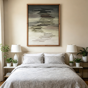 Cuadro de arte contemporáneo pintado a mano con motivos horizontales de listones de madera escalonados para decoración de interiores - Product Image 2