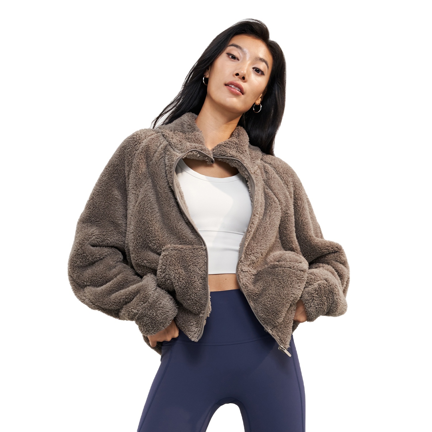 Plush Warm Woolen Woven Yoga Jacket Women's Autumn Winter Windproof Fur Sheep Stand Collar Zip Top Loose Sports Long Sleeve
