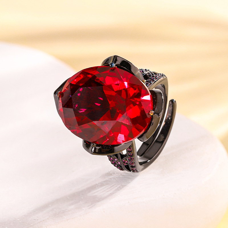 Bague en corindon rouge, or noir, taille ajustable