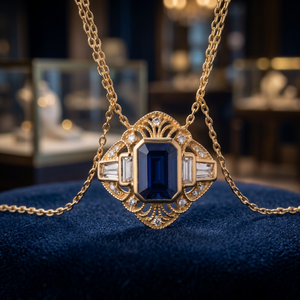 Rhodium Plated Gold Tone Fine Flower Pendant Necklace Blue Oval Center Diamond Halo Baguette Clasp Chain Jewelry for Women - Product Image 3