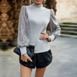 Wholesale Customized Hot New Half High Neck Shirt Sequins Splicing Knit Top
