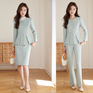 Women's Two Piece Suit Set Grey Office Lady Style Three Quarter Sleeve Anti Wrinkle <b>Skirt</b> And Pants For Work And Formal - Product Image 2