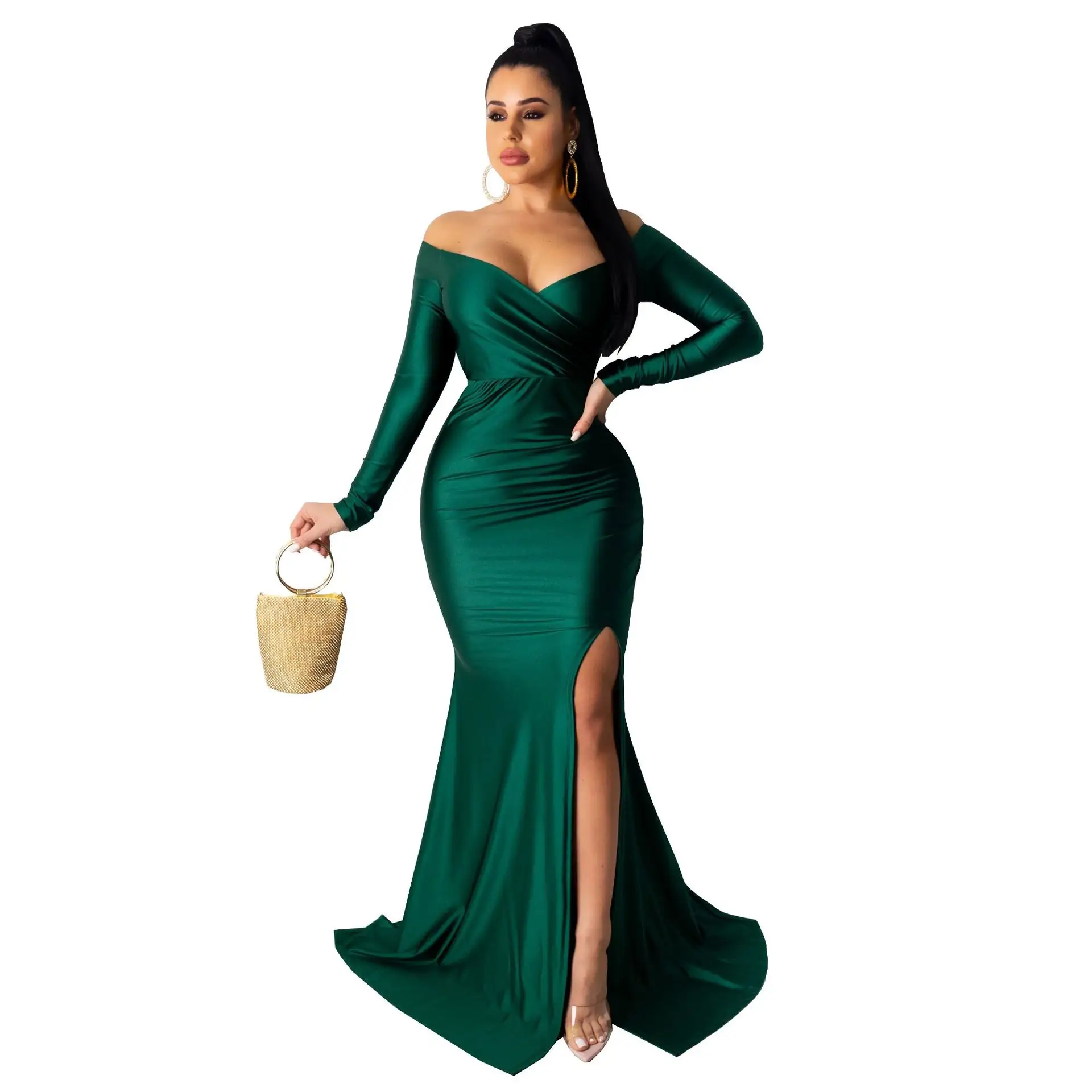 Women's Fashion Sexy V-Neck Long Sleeve Split Solid Color Evening Dress Dress Women's Casual Dress Long Sleeve Gown