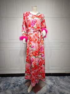 2024 primavera nuevo vestido musulmán moda estampado Floral <span class=keywords><strong>Abya</strong></span> en Dubai señoras ropa islámica diamante Abaya con plumas - Product Image 5