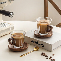 Ensemble de tasses à café en verre avec poignée en bois et sous-verre, résistantes aux hautes températures, compatibles micro-ondes, 200 ml, transparentes, modernes et simples