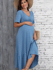 En stock: Vestido maxi <span class=keywords><strong>de</strong></span> maternidad con cuello en U, manga corta con volantes, liso, espalda fruncida, cintura con lazo y corte en A escalonado, para verano. - Product Image 3