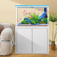 Aquarium rectangulaire intelligent en verre, moderne, de taille moyenne, avec filtre inférieur, séparation sec-humide, sur pied, pour usage domestique, pour grands poissons.