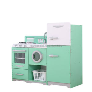 Cuisine intérieure verte en bois pour enfants, avec lave-linge, four, brûleurs, évier et robinet, pour jeux de rôle en famille - Product Image 2