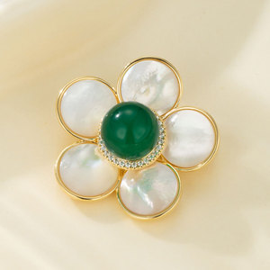 Flower Brooch Zinc Alloy Green Jade Center Pearl Petals Women's Fashion Accessory Gift - Product Image 1