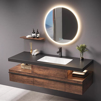 Meuble de salle de bain en bois massif de luxe léger, vasque intégrée en céramique sans joint avec plateau en roche, armoire miroir personnalisable