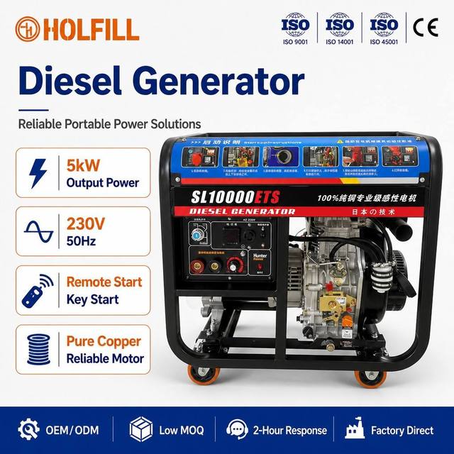 Commercial Grade 5kW Diesel Generator 230V 50Hz Remote Start Pure Copper Air Cooled for Construction Farm Backup Power Use