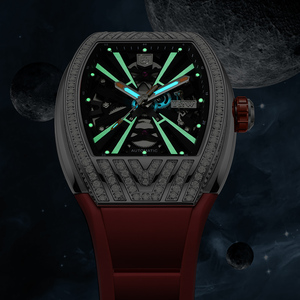 Reloj Mecánico de Lujo I&W para Hombre, Automático, con Esfera Negra Esqueleto, Bisel con Diamantes y Correa de Silicona Roja - Product Image 3