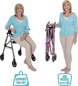 Lightweight Folding Mobility Rolling Walker For Seniors And Adults 6-inch Wheels Locking Brakes And Padded Seat With Backrest