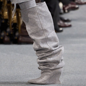 Pleated Loose Upper Long Booties Women Wide Top Baggy High Wedge Heels Shoes Over the Knee Sexy Pointy Toe Pumps - Product Image 6