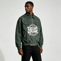 Vintage Verwaschene Grüne Reißverschluss-Arbeitsjacke Kornit DTG Ring-Style Graffiti-Buchstaben-Druck Übergroße Streetwear-Jacke